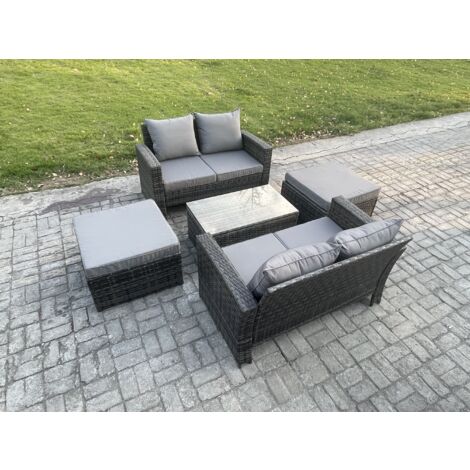 Fimous Ensemble de meubles de jardin en rotin ave Table basse rectangulaire Canapé deux places 2 Grand Tabouret 6 Places Gris foncé