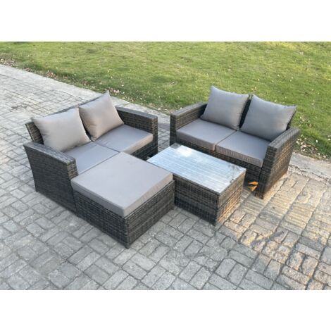 Fimous Ensemble de meubles de jardin en rotin ave Table basse rectangulaire Canapé deux places Grand Tabouret 5 Places Gris foncé