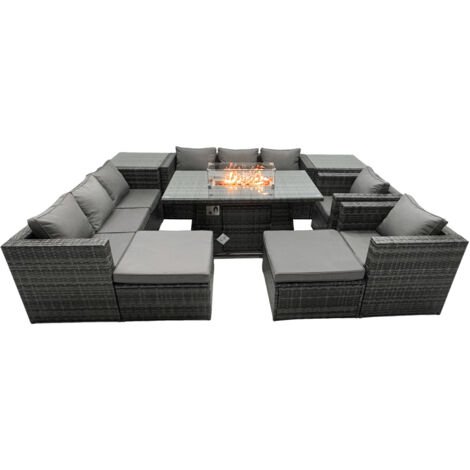 Fimous Ensemble de meubles de jardin en rotin ave Table de foyer à gaz 10 places Ensemble de canapés avec 2 Tables d'appoint 2 Grand tabourets