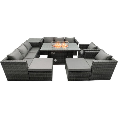 Fimous Ensemble de meubles de jardin en rotin ave Table de foyer à gaz 10 places Ensemble de canapés avec Table d'appoint 2 Grand tabourets