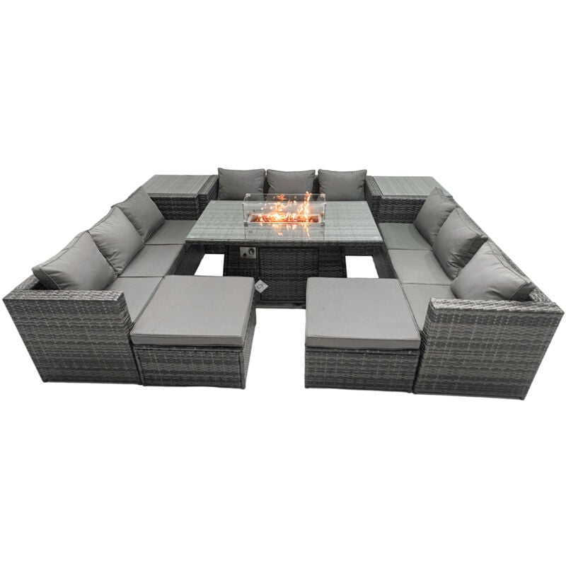 Ensemble de meubles de jardin en rotin ave Table de foyer à gaz 10 places Patio avec 2 Tables d'appoint - Fimous