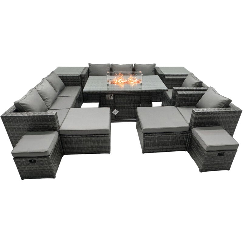 Ensemble de meubles de jardin en rotin ave Table de foyer à gaz 12 places Ensemble de canapés avec 2 Tables d'appoint 2 Grand tabourets - Fimous