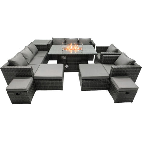 Fimous Ensemble de meubles de jardin en rotin ave Table de foyer à gaz 12 places Ensemble de canapés avec Table d'appoint 2 Grand tabourets