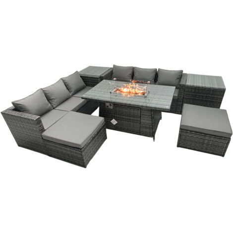 Fimous Ensemble de meubles de jardin en rotin ave Table de foyer à gaz 6 places Ensemble de canapés avec 2 Tables d'appoint 2 Tabourets