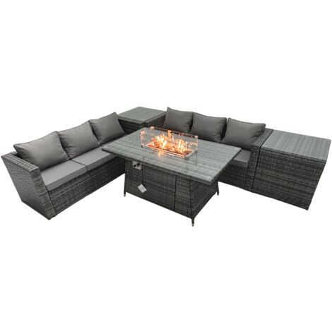 Fimous Ensemble de meubles de jardin en rotin ave Table de foyer à gaz 6 places Ensemble de canapés avec 2 Tables d'appoint