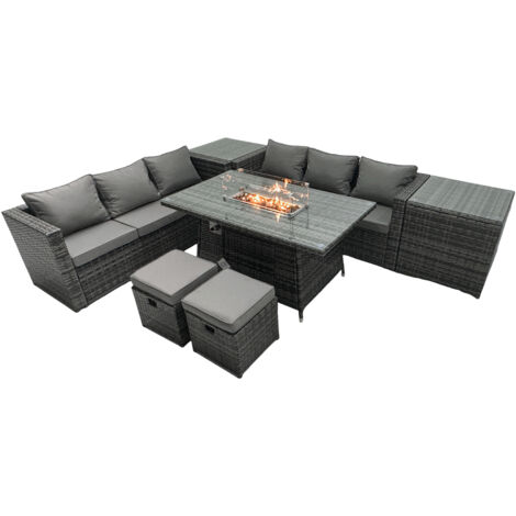 Fimous Ensemble de meubles de jardin en rotin ave Table de foyer à gaz 8 places Ensemble de canapés avec 2 Petits tabourets