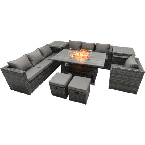 Fimous Ensemble de meubles de jardin en rotin ave Table de foyer à gaz 9 places Ensemble de canapés avec 2 Tables d'appoint 2 Petits tabourets