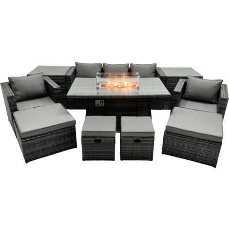 Fimous Ensemble de meubles de jardin en rotin ave Table de foyer à gaz 9 places Ensemble de canapés avec 2 Tables d'appoint 4 Tabourets