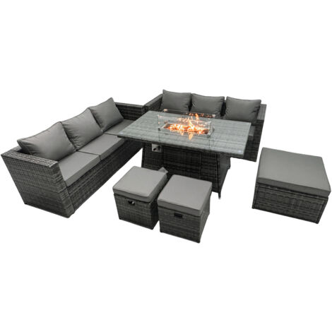 Fimous Ensemble de meubles de jardin en rotin ave Table de foyer à gaz 9 places Ensemble de canapés avec 3 Tabourets