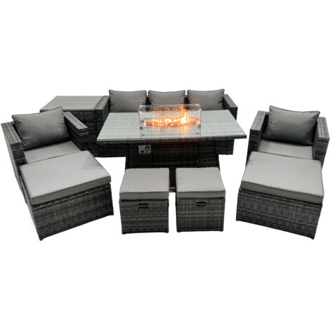 Fimous Ensemble de meubles de jardin en rotin ave Table de foyer à gaz 9 places Ensemble de canapés avec Table d'appoint 4 Tabourets