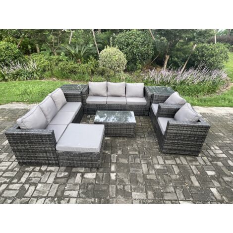 Fimous Ensemble de meubles de jardin en rotin avec 2 Fauteuils Table basse 2 Tables d'appoint grand tabouret Mélange gris foncé