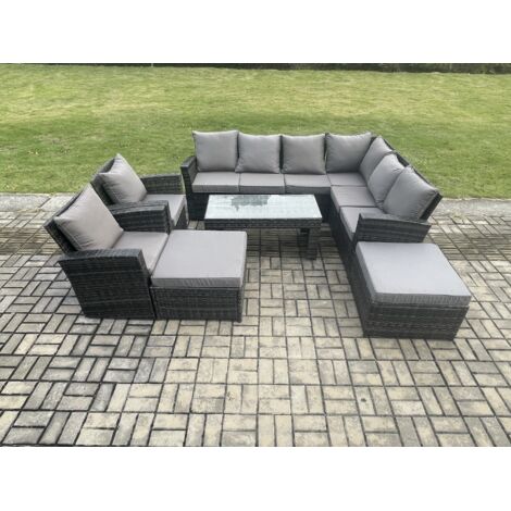 Fimous Ensemble de meubles de jardin en rotin avec canapé d'angle avec 2 Grands Tabourets Table basse rectangulaire 2 Fauteuils avec coussin Gris foncé mélangé
