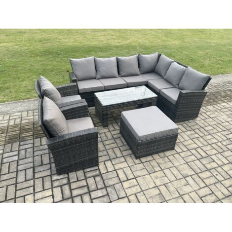 Fimous Ensemble de meubles de jardin en rotin avec canapé d'angle avec Grands Tabouret Table basse rectangulaire 2 Fauteuils avec coussin Gris foncé mélangé