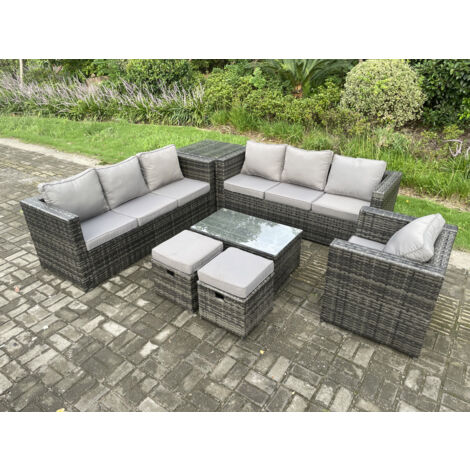 Fimous Ensemble de meubles de jardin en rotin avec Fauteuil Table basse Tables d'appoint 2 Petits poufs Mélange gris foncé