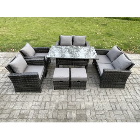 Fimous Ensemble de meubles de jardin en rotin  avec Table à manger oblongue DoppelsitzCanapé 2 Petits repose-pieds Gris foncé mélangé