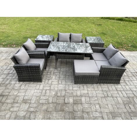 Fimous Ensemble de meubles de jardin en rotin  avec Table à manger oblongue DoppelsitzCanapé 2 Tables d'appoint Grands Tabouret Gris foncé mélangé
