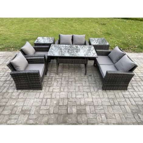 Fimous Ensemble de meubles de jardin en rotin  avec Table à manger oblongue DoppelsitzCanapé 2 Tables d'appoint Gris foncé mélangé