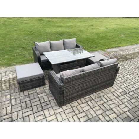 Fimous Ensemble de meubles de jardin en rotin  avec Table à manger rectangulaire 2 Grands Tabourets 5 Pièces Gris foncé mélangé