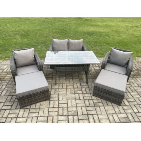 Fimous Ensemble de meubles de jardin en rotin  avec Table à manger rectangulaire 2 Grands Tabourets 6 places Gris foncé mélangé
