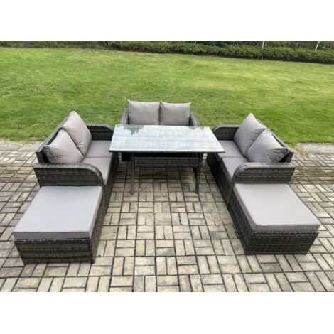 Fimous Ensemble de meubles de jardin en rotin  avec Table à manger rectangulaire 2 Grands Tabourets 8 places Gris foncé mélangé