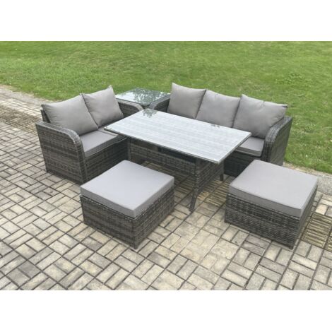 Fimous Ensemble de meubles de jardin en rotin  avec Table à manger rectangulaire 2 Grands Tabourets Table d'appoint 7 places Gris foncé mélangé