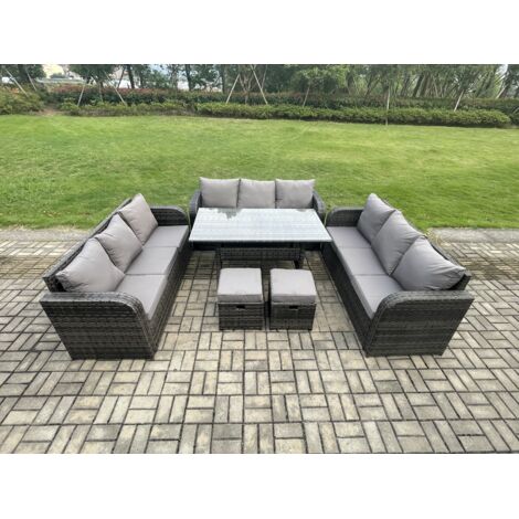 Fimous Ensemble de meubles de jardin en rotin  avec Table à manger rectangulaire 2 Petits repose-pieds 11 places Gris foncé mélangé