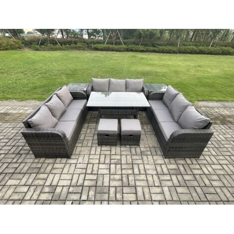 Fimous Ensemble de meubles de jardin en rotin  avec Table à manger rectangulaire 2 Petits repose-pieds 2 Tables d'appoint 11 places Gris foncé mélangé