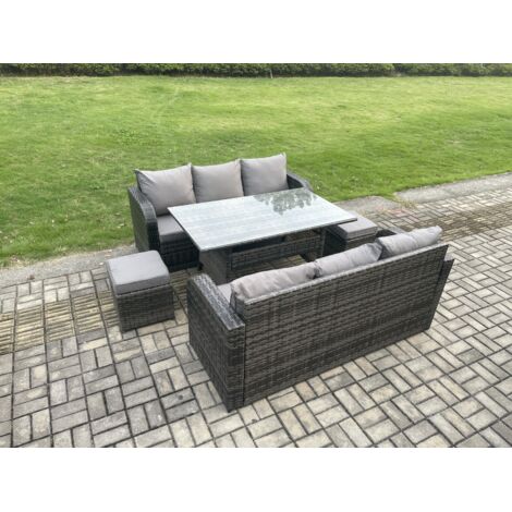 Fimous Ensemble de meubles de jardin en rotin  avec Table à manger rectangulaire 2 Petits repose-pieds 8 places Gris foncé mélangé