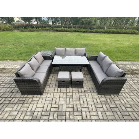 Fimous Ensemble de meubles de jardin en rotin  avec Table à manger rectangulaire 2 Petits repose-pieds Table d'appoint 11 places Gris foncé mélangé