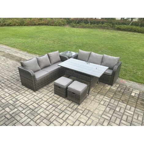 Fimous Ensemble de meubles de jardin en rotin  avec Table à manger rectangulaire 2 Petits repose-pieds Table d'appoint 6 Pièces Gris foncé mélangé