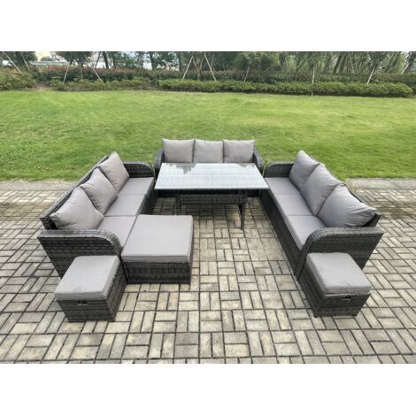 Fimous Ensemble de meubles de jardin en rotin  avec Table à manger rectangulaire 3 Repose-pieds 12 places Gris foncé mélangé