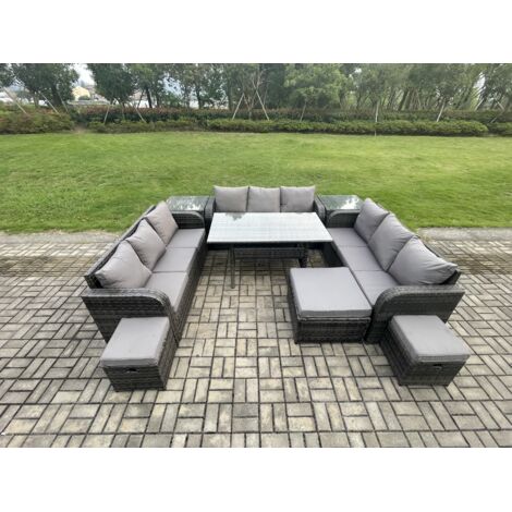 Fimous Ensemble de meubles de jardin en rotin  avec Table à manger rectangulaire 3 Repose-pieds 2 Tables d'appoint 12 places Gris foncé mélangé