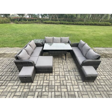Fimous Ensemble de meubles de jardin en rotin  avec Table à manger rectangulaire 3 Repose-pieds Table d'appoint 11 places Gris foncé mélangé