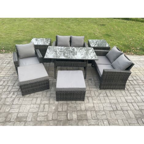Fimous Ensemble de meubles de jardin en rotin  avec Table à manger rectangulaire DoppelsitzCanapé 2 Tables d'appoint 2 Grands Tabourets Gris foncé mélangé