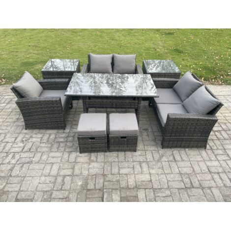 Fimous Ensemble de meubles de jardin en rotin  avec Table à manger rectangulaire DoppelsitzCanapé 2 Tables d'appoint 2 Petits repose-pieds Gris foncé mélangé