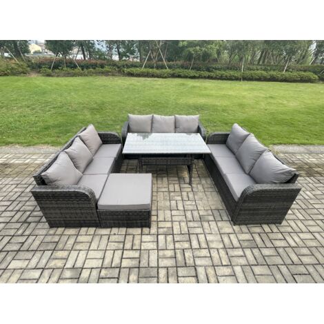 Fimous Ensemble de meubles de jardin en rotin  avec Table à manger rectangulaire Grands Tabouret 10 places Gris foncé mélangé