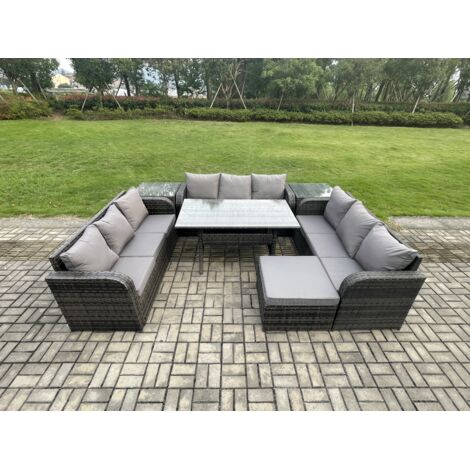 Fimous Ensemble de meubles de jardin en rotin  avec Table à manger rectangulaire Grands Tabouret 2 Tables d'appoint 10 places Gris foncé mélangé