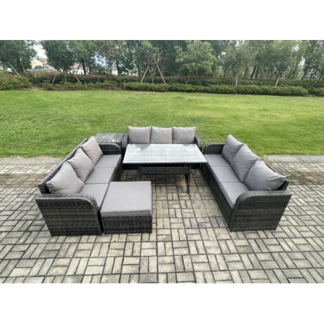 Fimous Ensemble de meubles de jardin en rotin  avec Table à manger rectangulaire Grands Tabouret Table d'appoint 10 places Gris foncé mélangé
