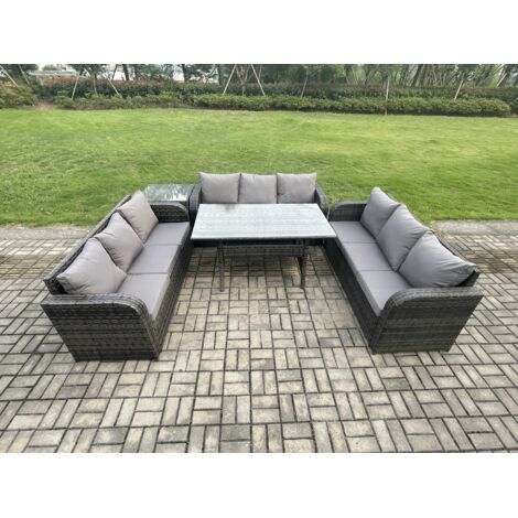 Fimous Ensemble de meubles de jardin en rotin  avec Table à manger rectangulaire Table d'appoint 9 places Gris foncé mélangé