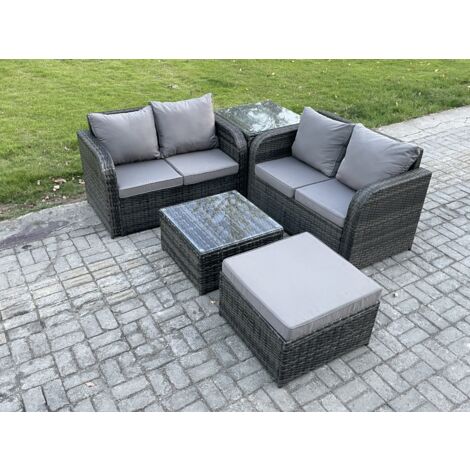 Fimous Ensemble de meubles de jardin en rotin avec Table basse carrée Love Sofa grand tabouret Tables d'appoint Mélange gris foncé