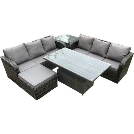 Fimous Ensemble de meubles de jardin en rotin en extérieur réglable en hauteur table à manger et canapé avec table d'appoint grand repose-pieds gris foncé mix