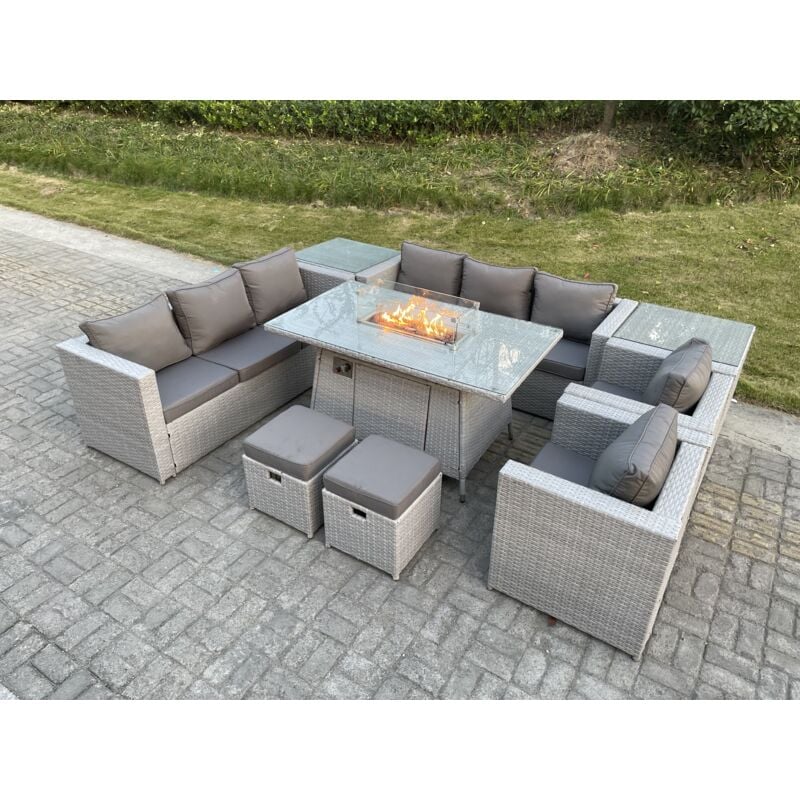 Fimous Ensemble de meubles de jardin en rotin ensemble Table de foyer à gaz canapé ave 2 Fauteuil 2 Table d'appoint 2 Petit Tabourets Gris Clair