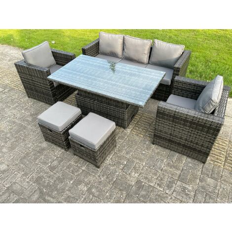 Fimous – Ensemble de meubles de jardin en rotin PE – 6 pièces – Table réglable 140x80cm – Canapé 176cm – Chaises 74cm – Verre trempé 5mm