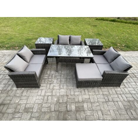 Fimous Ensemble de meubles de jardin en rotin s avec Table à manger oblongue DoppelsitzCanapé 2 Tables d'appoint Grands Tabouret Gris foncé mélangé
