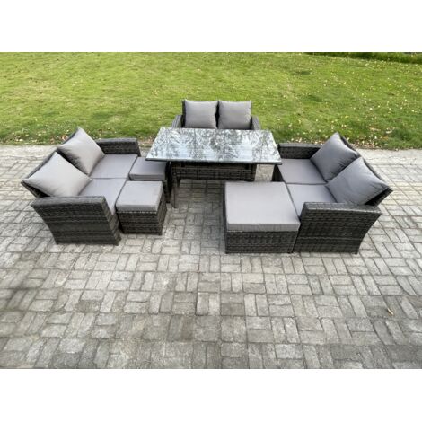 Fimous Ensemble de meubles de jardin en rotin s avec Table à manger oblongue DoppelsitzCanapé 3 Repose-pieds Gris foncé mélangé