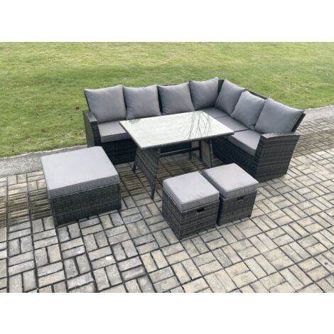 Fimous Ensemble de meubles de jardin en rotin Table à manger rectangulaire avec Verre trempé 3 Tabourets Gris foncé mixte