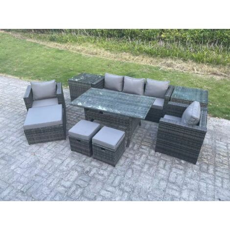 Fimous Ensemble de meubles de jardin en rotin Table à manger rectangulaire Canapé Fauteuil avec 2 Tables d'appoint Grands Tabouret 2 Petit tabouretn 8 places Gris foncé mélangé