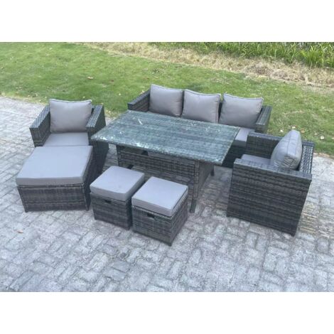 Fimous Ensemble de meubles de jardin en rotin Table à manger rectangulaire Canapé Fauteuil avec Grands Tabouret 2 Petit tabouretn Gris foncé mélangé