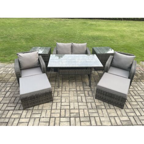 Fimous Ensemble de meubles de jardin en rotin Table à manger rectangulaire et Fauteuil Canapé avec 2 Tables d'appoint 2 Grands Tabourets Gris foncé mélangé