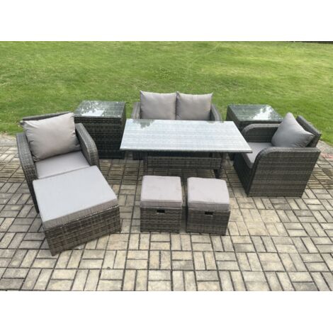 Fimous Ensemble de meubles de jardin en rotin Table à manger rectangulaire et Fauteuil Canapé avec 2 Tables d'appoint 3 Repose-pieds Gris foncé mélangé